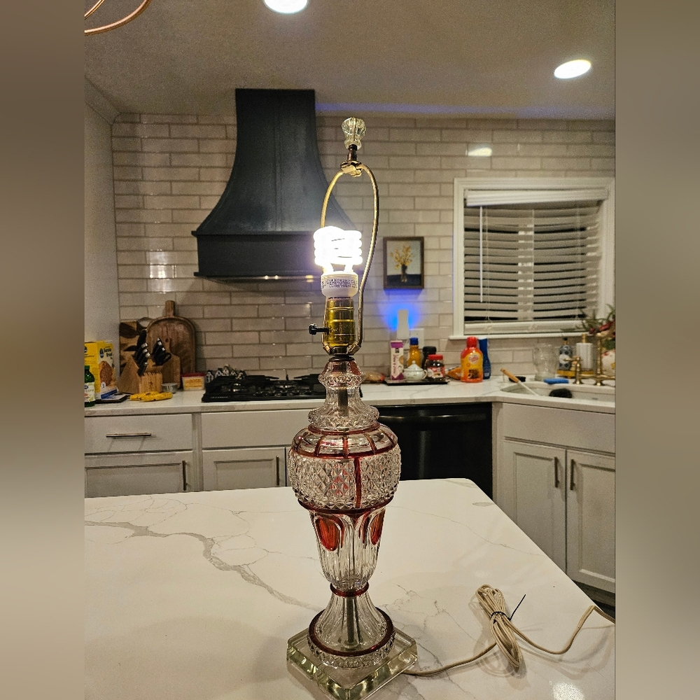 Vintage Bohemian Red & Clear Etched Cut Glass Tall Table Lamp